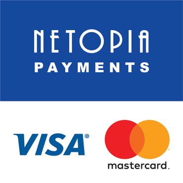 Logos of Netopia payments, Visa and Mastercard with blue background in square shape.